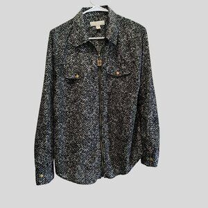 Michael Kors Womens Black & White Lightweight Zip-Up Blouse Shirt Size L